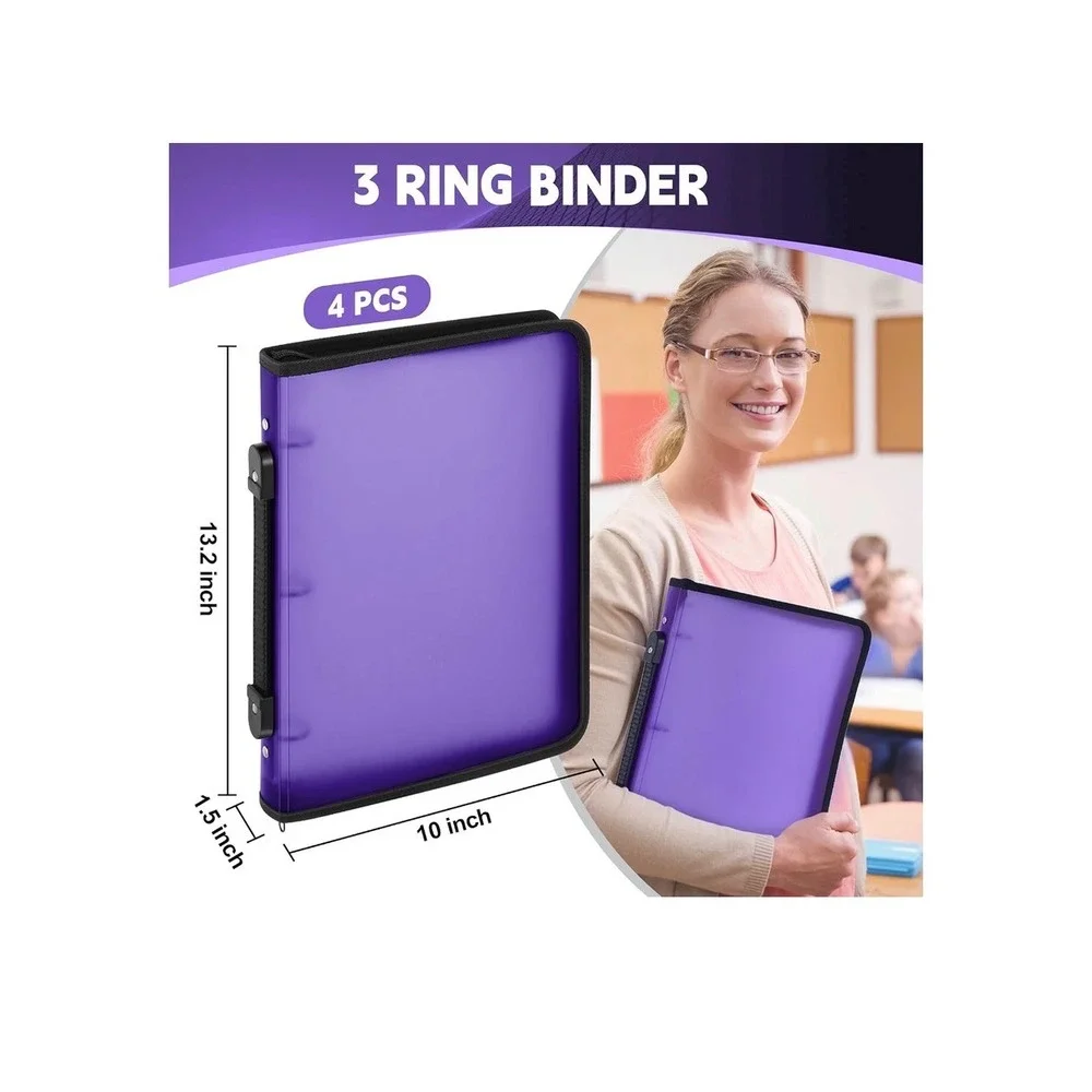4 Pack Purple 1.5 Inch 3 Ring Zipper Binders with Handle Office School Supplies